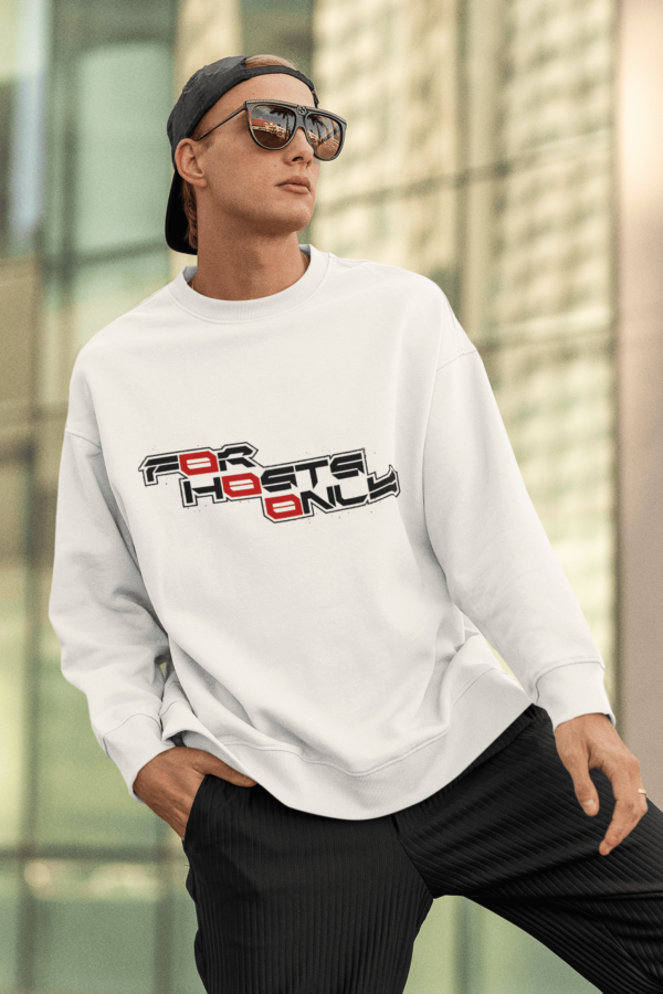 Image of Slash-32 F0r H0sts 0nly midweight softstyle fleece crewneck sweatshirt with bold stacked slogan, unisex techwear apparel.