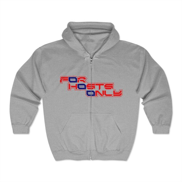 Front view of Slash-32 F0r H0sts 0nly™ full-zip hoodie in space grey, with “F0r H0sts 0nly” stacked in red and blue text on the chest.