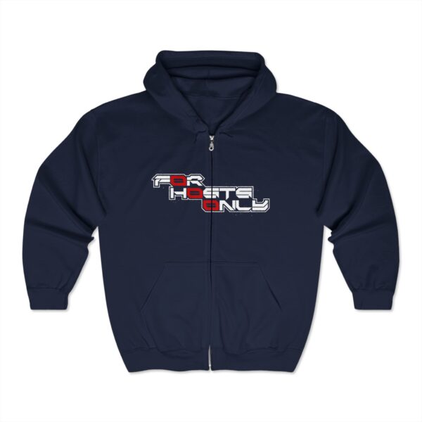Front view of Slash-32 F0r H0sts 0nly™ full-zip hoodie in navy, with “F0r H0sts 0nly” stacked in white and red text on the chest.