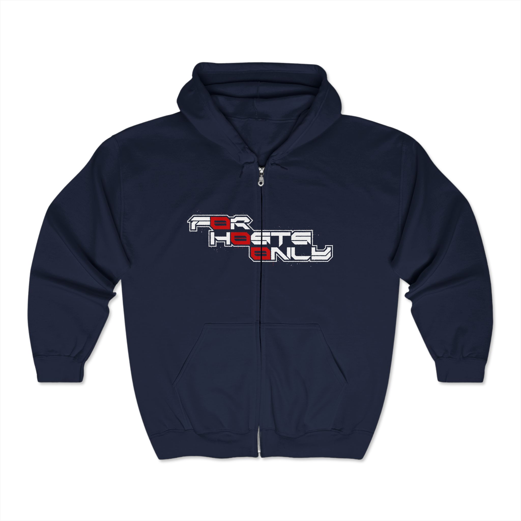Front view of Slash-32 F0r H0sts 0nly™ full-zip hoodie in navy, with “F0r H0sts 0nly” stacked in white and red text on the chest.