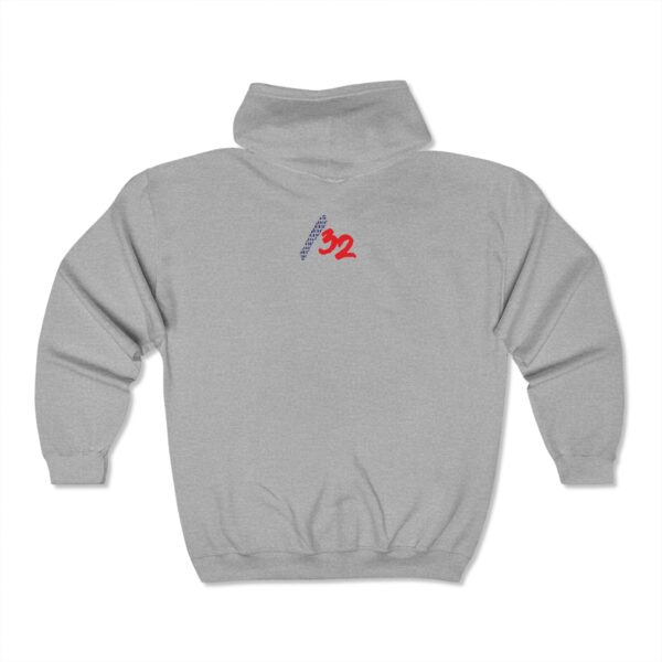 Back view of Slash-32 F0r H0sts 0nly™ full-zip hoodie in space grey, with “/32” printed in red and blue on the upper back.