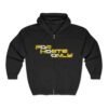 Front view of Slash-32 F0r H0sts 0nly™ black full-zip hoodie with “F0r H0sts 0nly” stacked in yellow and white text on the chest.