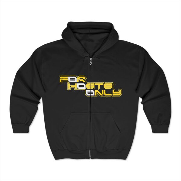 Front view of Slash-32 F0r H0sts 0nly™ black full-zip hoodie with “F0r H0sts 0nly” stacked in yellow and white text on the chest.
