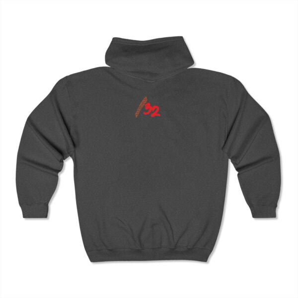 Back view of Slash-32 F0r H0sts 0nly™ full-zip hoodie in dark heather, with “/32” printed in orange and red on the upper back.