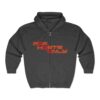 Front view of Slash-32 F0r H0sts 0nly™ full-zip hoodie in dark heather, with “F0r H0sts 0nly” in stacked orange and red text on the chest.
