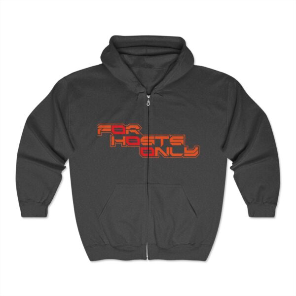 Front view of Slash-32 F0r H0sts 0nly™ full-zip hoodie in dark heather, with “F0r H0sts 0nly” in stacked orange and red text on the chest.