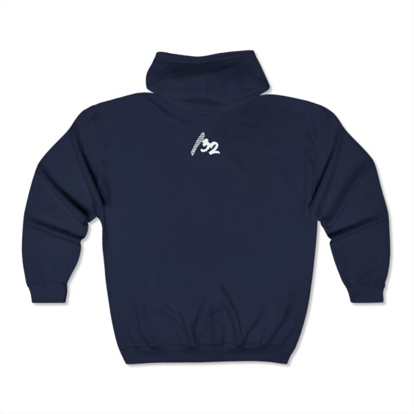Back view of Slash-32 F0r H0sts 0nly™ full-zip hoodie in navy, with “/32” printed in white and red on the upper back.