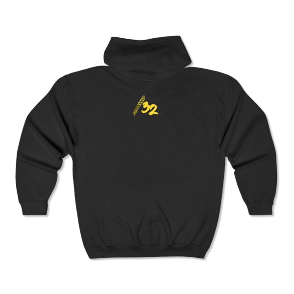 Back view of Slash-32 F0r H0sts 0nly™ black full-zip hoodie with “/32” printed on the middle upper back.