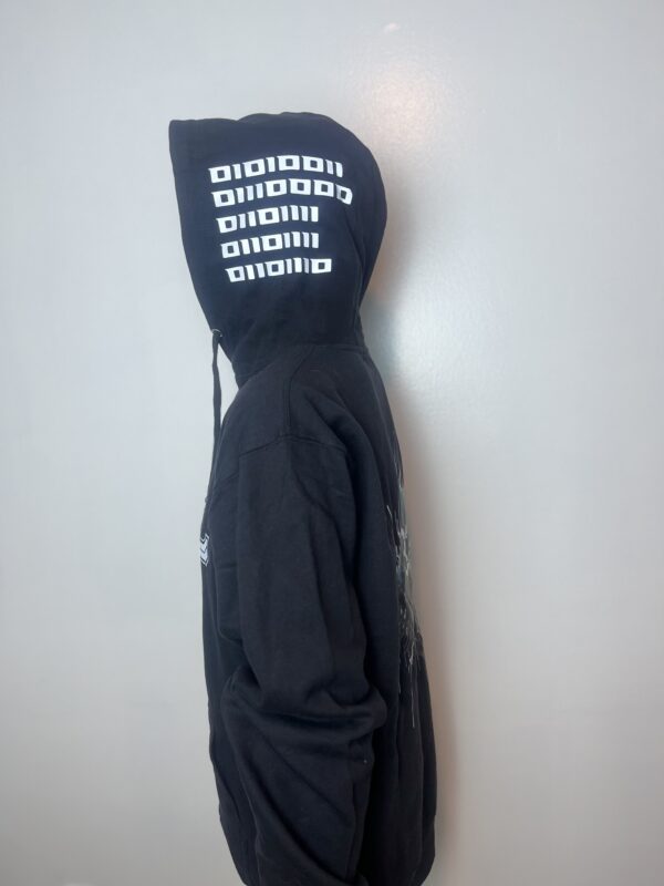 Image of the black FH0 – Knøwn H0st’s Binary Hoodie by Slash-32, side view showing the custom binary signature printed along the hood.