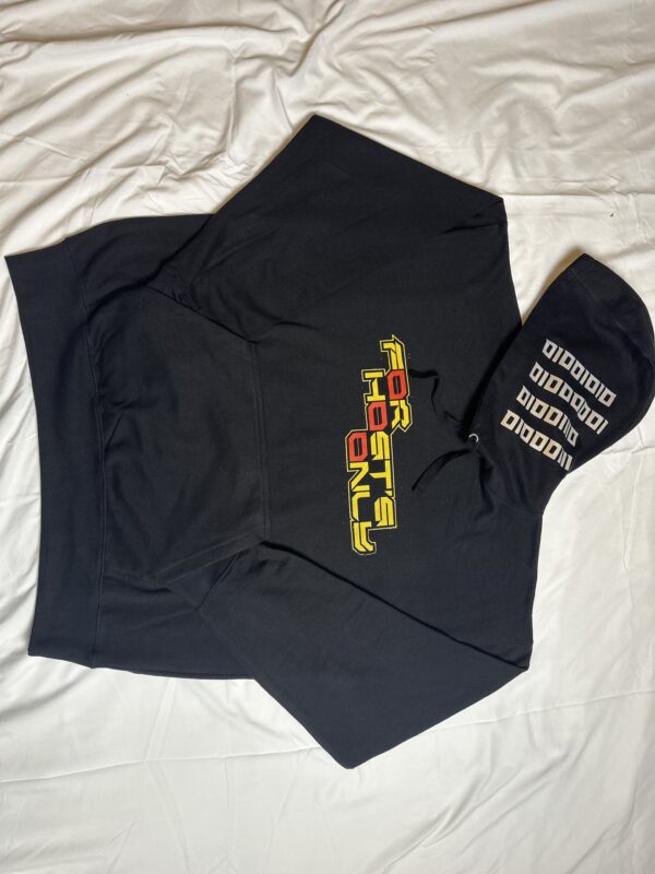 Image of the black FH0 – Knøwn H0st’s Binary Hoodie by Slash-32, featuring “For Knøwn Høsts Only” text in red and yellow on the front and custom binary signature printed along the hood.