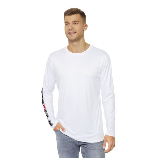 Front view of male model wearing the Slash-32 F0r H0sts 0nly Men's Long Sleeve in white, hand in pocket, displaying “F0r H0sts 0nly” text printed down the visible sleeve.