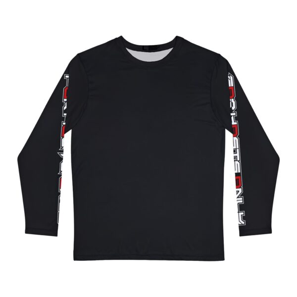 Front view of Slash-32 F0r H0sts 0nly Men’s Long Sleeve in black, featuring “F0r H0sts 0nly” printed down both sleeves.