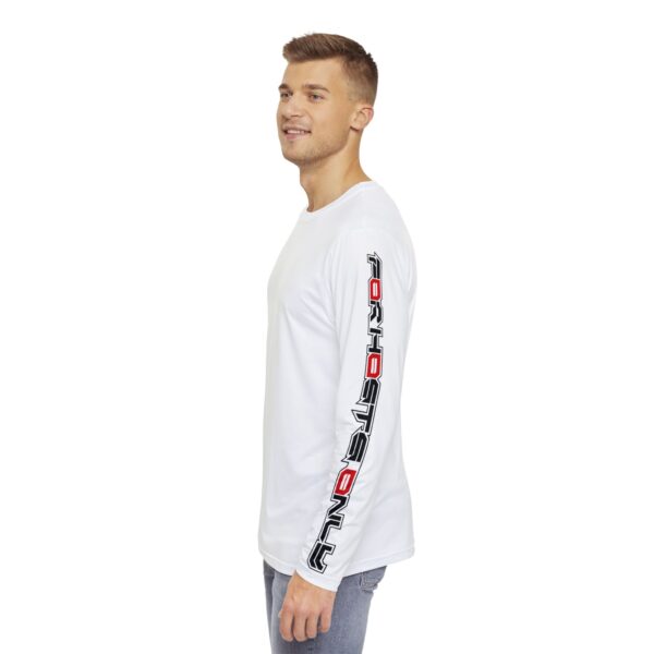Left full-body side view of a model wearing the Slash-32 F0r H0sts 0nly white long sleeve, showcasing the “F0r H0sts 0nly” text running down the left sleeve.