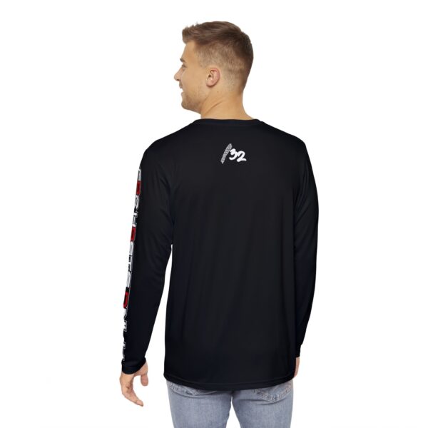 Back view of a known høst wearing the Slash-32 F0r H0sts 0nly Men’s Long Sleeve in black, showing “/32” printed on the upper middle back and “F0r H0sts 0nly” text running down the right sleeve.