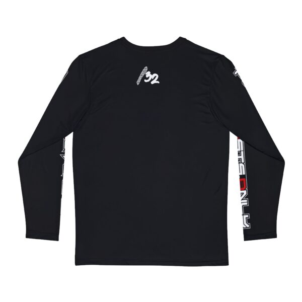 Back view of Slash-32 F0r H0sts 0nly Men’s Long Sleeve in black, featuring “/32” printed on the upper middle back and “F0r H0sts 0nly” text faintly visible down both sleeves.