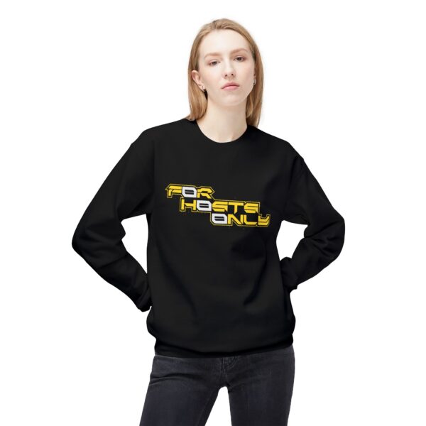 Image of Slash-32 F0r H0sts 0nly midweight softstyle fleece crewneck sweatshirt with bold stacked slogan, unisex techwear apparel.