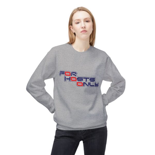Image of Slash-32 F0r H0sts 0nly midweight softstyle fleece crewneck sweatshirt with bold stacked slogan, unisex techwear apparel.