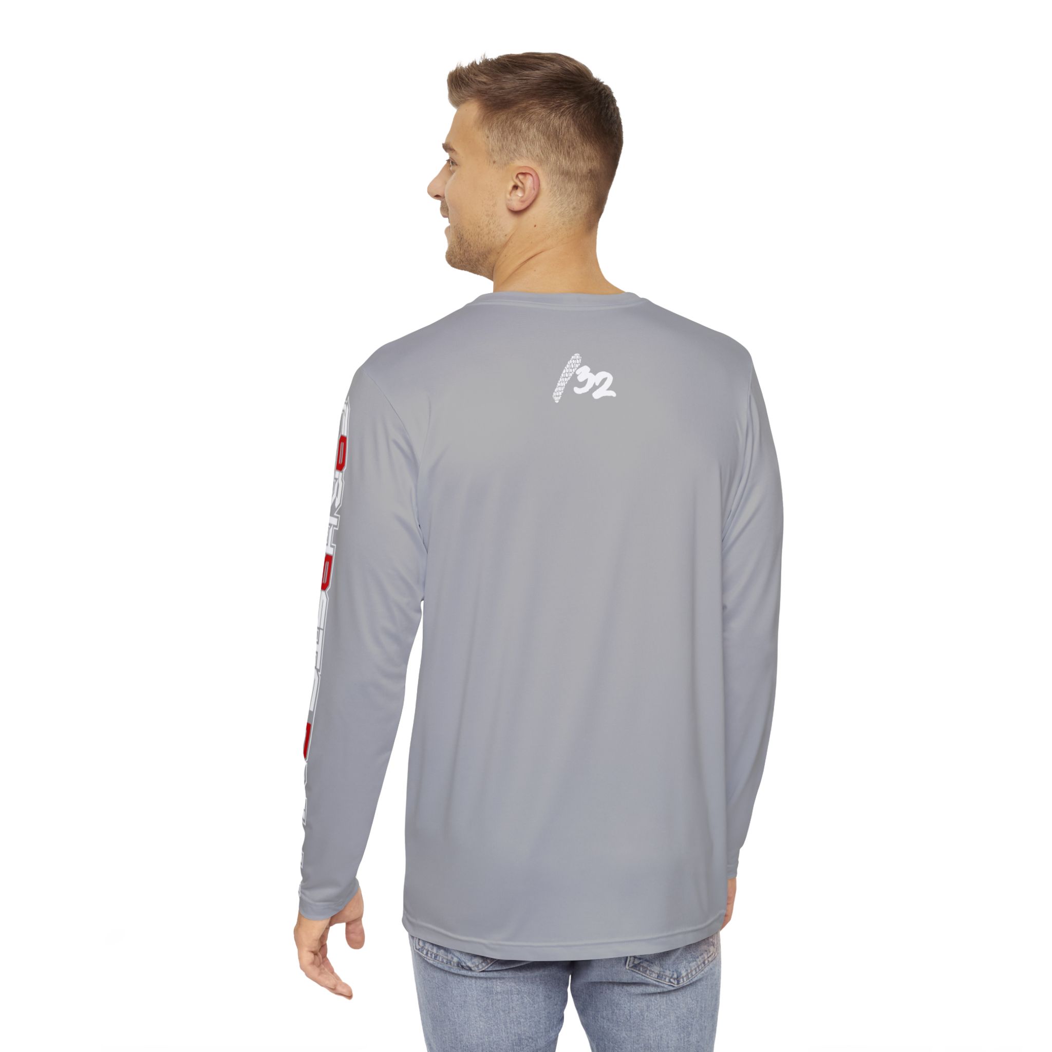 Back view of male model wearing the Slash-32 “F0r H0sts 0nly” grey long sleeve shirt, featuring “/32” logo centered on the upper back and “For Hosts Only” printed on both sleeves.