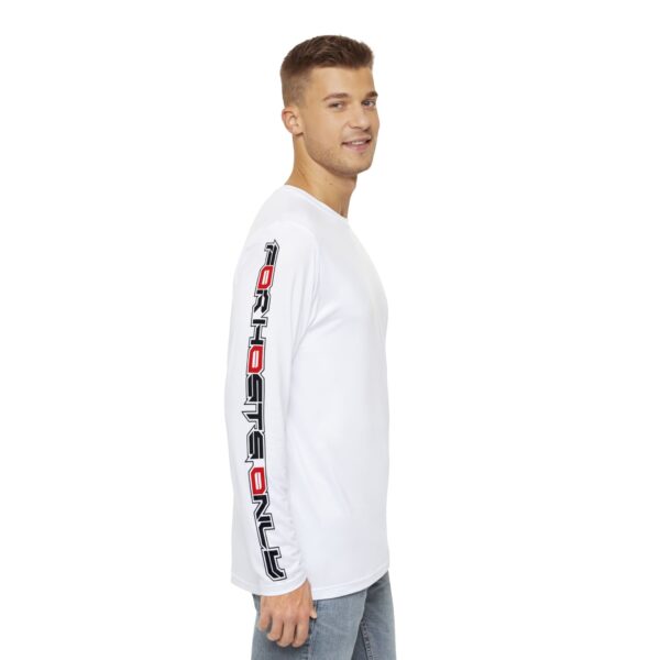 Side view of male model wearing the Slash-32 F0r H0sts 0nly Men’s Long Sleeve Shirt in white, with “F0r H0sts 0nly” text visible along the right sleeve.