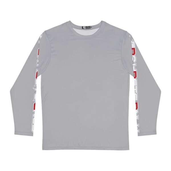 Image of Slash-32 “F0r H0sts 0nly” Men’s Long Sleeve Shirt front view with “For Hosts Only” text printed on both sleeves – Grey