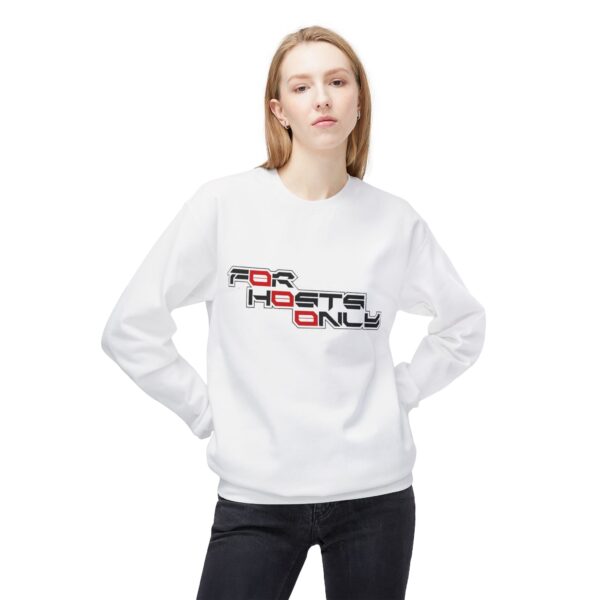 Image of Slash-32 F0r H0sts 0nly midweight softstyle fleece crewneck sweatshirt with bold stacked slogan, unisex techwear apparel.
