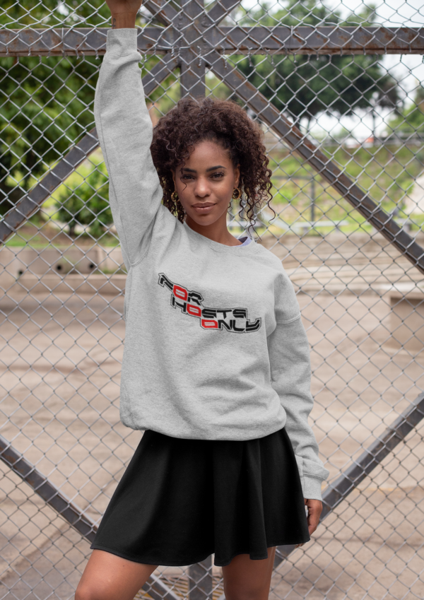 Image of Slash-32 F0r H0sts 0nly midweight softstyle fleece crewneck sweatshirt with bold stacked slogan, unisex techwear apparel.