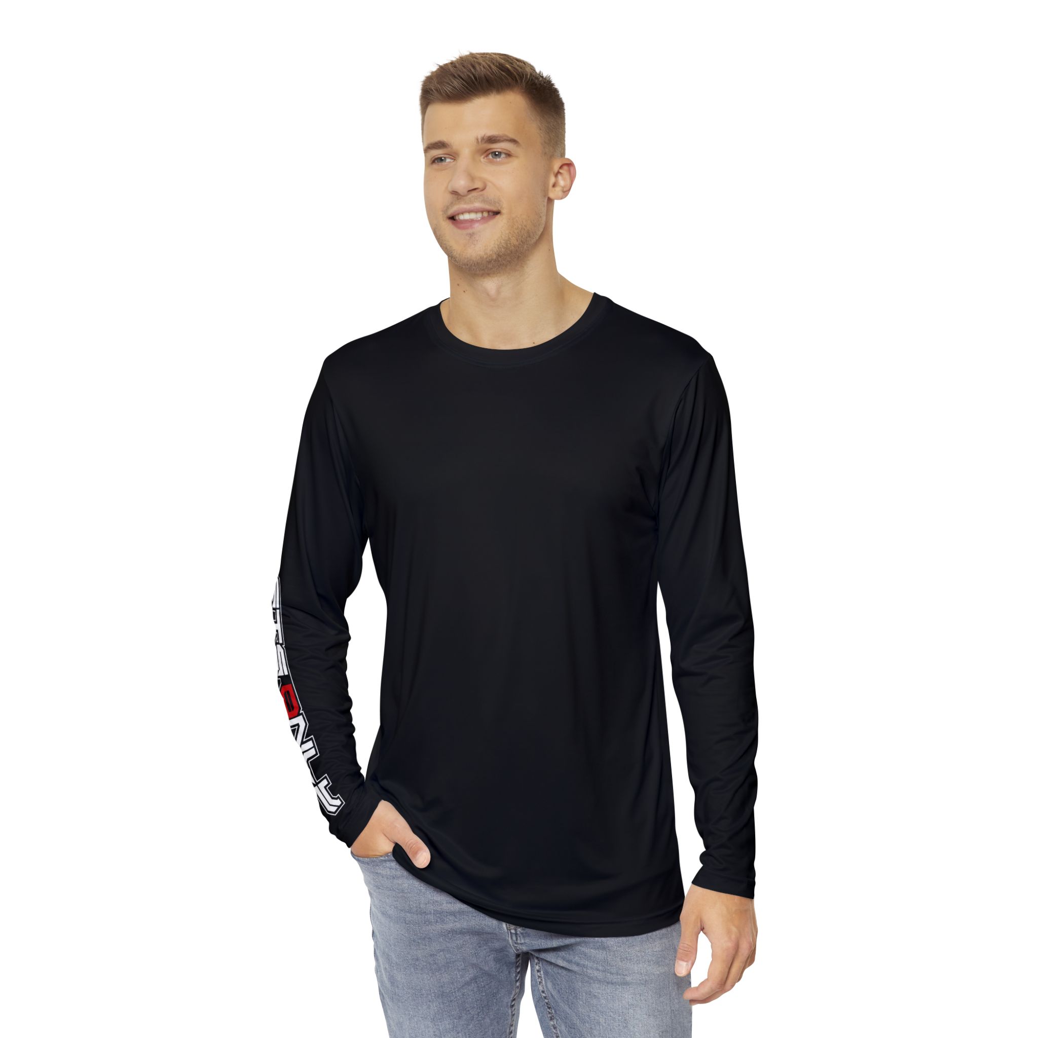 Front view of a known høst wearing the Slash-32 F0r H0sts 0nly Men’s Long Sleeve in black, with “F0r H0sts 0nly” text running down the right sleeve, and the model’s hand casually in his pocket.
