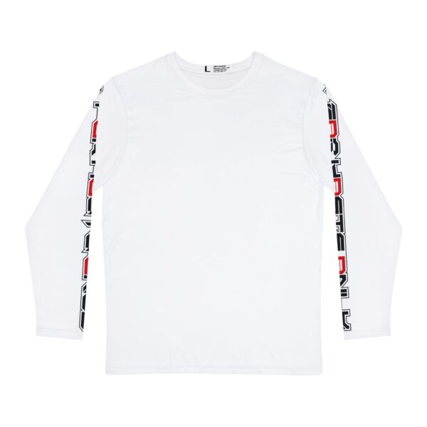 Image of the Slash-32 F0r H0sts 0nly Men’s Long Sleeve Shirt in white, front view with “F0r H0sts 0nly” text printed down both sleeves.