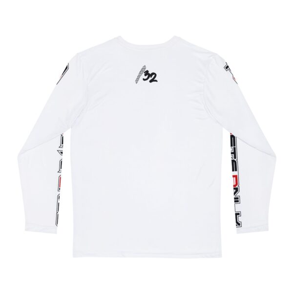 Back view of Slash-32 F0r H0sts 0nly Men's Long Sleeve in white, featuring “F0r H0sts 0nly” text running down both sleeves and “/32” printed at the upper center back.