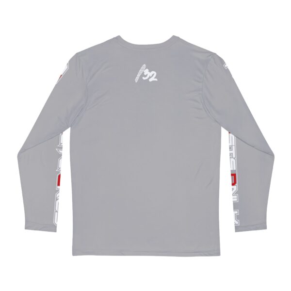 Image of Slash-32 “F0r H0sts 0nly” Men’s Long Sleeve Shirt back view with “/32” logo centered on the upper back and “For Hosts Only” printed on both sleeves – Grey