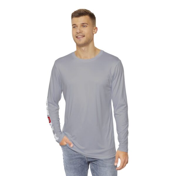 Slash-32 “F0r H0sts 0nly” Men’s Long Sleeve Shirt with “For Hosts Only” text printed on both sleeves – Grey