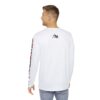 Back view of male model wearing Slash-32 F0r H0sts 0nly Men's Long Sleeve in white, with "F0r H0sts 0nly" text running down both sleeves.