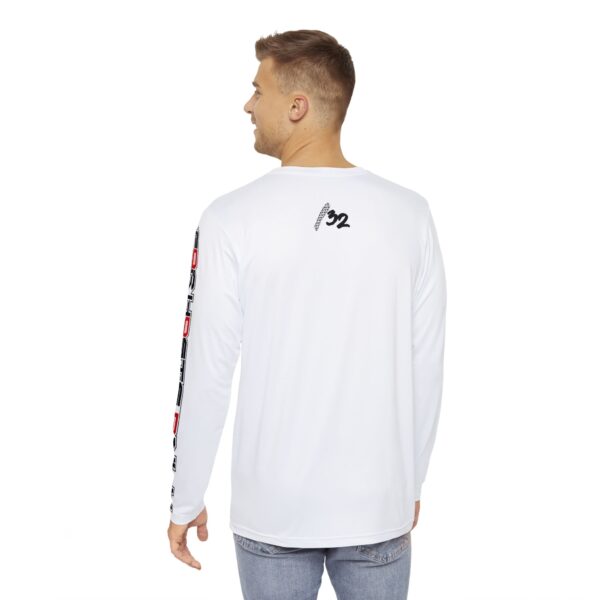 Back view of male model wearing Slash-32 F0r H0sts 0nly Men's Long Sleeve in white, with "F0r H0sts 0nly" text running down both sleeves.