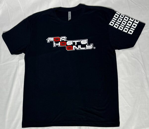 Image of FH0 – Kn0wn H0st’s Binary Tee by Slash-32 in Black, front view with “For Hosts Only” text on chest and custom binary matrix on left sleeve.