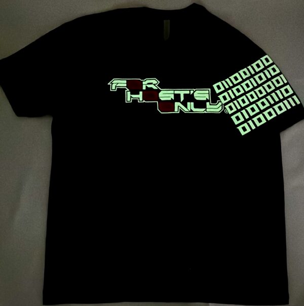 Image of FH0 – Kn0wn H0st’s Binary Tee by Slash-32 in Black showing glow-in-the-dark binary matrix on left sleeve.