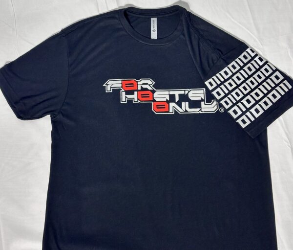 Image of Slash-32 FH0 – Kn0wn H0st’s Binary Tee in Navy, front view with “For Hosts Only” text on chest and glow-in-the-dark binary matrix on left sleeve.