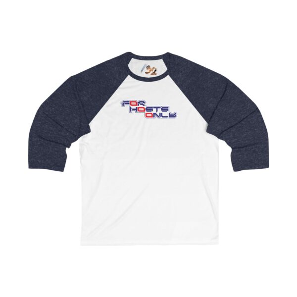 Front view of the white/navy Dev’ed Up: F0r H0sts 0nly 3/4 Sleeve Baseball Tee, featuring the bold front text “F0r H0sts 0nly.” A clean blend of retro sport style and cyber-coded identity.