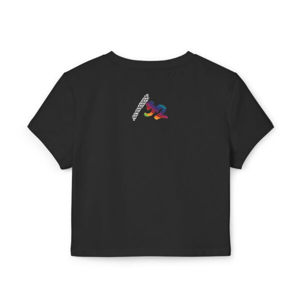 Back view of the black Dev Cotoure: F0r H0sts 0nly Women’s Crop Tee, featuring the ‘/32’ logo text on the back. Designed for the Unknown Host for ladies—soft on the surface, hard coded beneath—this tee blends feminine strength with cyber identity and inner resilience.