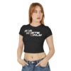 Front view of female model wearing the black Dev Cotoure: F0r H0sts 0nly Women’s Crop Tee, featuring a bold digital slogan reading “F0r H0sts 0nly”. Designed for the Unknown Host for ladies—soft on the surface, hard coded beneath—this tee blends feminine strength with cyber identity and inner strength.