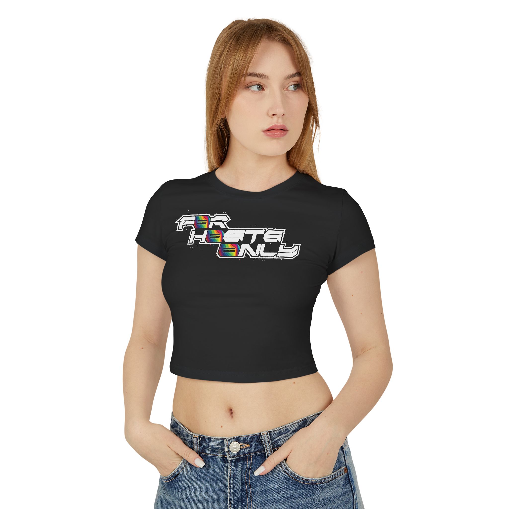 Front view of female model wearing the black Dev Cotoure: F0r H0sts 0nly Women’s Crop Tee, featuring a bold digital slogan reading “F0r H0sts 0nly”. Designed for the Unknown Host for ladies—soft on the surface, hard coded beneath—this tee blends feminine strength with cyber identity and inner strength.