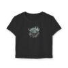 Front view of the black ‘We The People’ Ladies Baby Tee from Slash-32’s Preamble Collection, featuring a microchip symbol graphic representing digital unity.