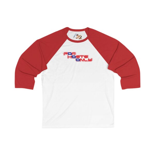 Front view of the white/red Dev’ed Up: F0r H0sts 0nly 3/4 Sleeve Baseball Tee with the front text “F0r H0sts 0nly.” A bold design for digital insiders with analog edge.