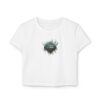 Front view of female model wearing the white ‘We The People’ ladies baby tee from Slash-32’s Preamble Collection, featuring a microchip symbol graphic representing digital unity.