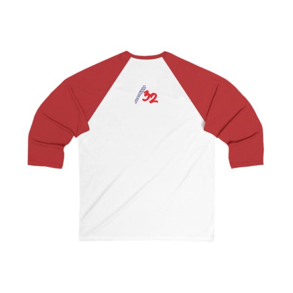 Back view of the white/red Dev’ed Up Baseball Tee, featuring the “/32” logo on the upper back. For those who run quiet, run deep.