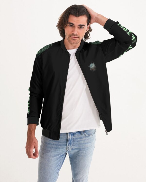 Front view of male model wearing the men’s ‘We Will Fight’ Black Label jacket from Slash-32’s Preamble Collection. A streetwear piece symbolizing defiance and digital freedom.