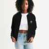 Front view (open) of female model wearing Slash-32’s women’s ‘We Will Fight’ Black Label Jacket — a durable, comfortable bomber inspired by Infrawear, designed for streetwear fans and cybersecurity professionals.