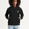 Front view of female model wearing Slash-32’s women’s ‘We Will Fight’ Black Label Jacket, a durable and comfortable bomber inspired by Infrawear, designed for streetwear and cybersecurity enthusiasts.