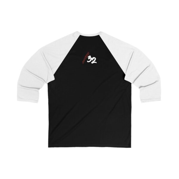 Back view of the black/white Dev’ed Up Baseball Tee with the “/32” logo on the upper back. Sleek and signal-free.