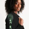 Side view of female model wearing Slash-32’s women’s ‘We Will Fight’ Black Label Jacket, a durable and comfortable bomber inspired by Infrawear, designed for streetwear and cybersecurity enthusiasts.