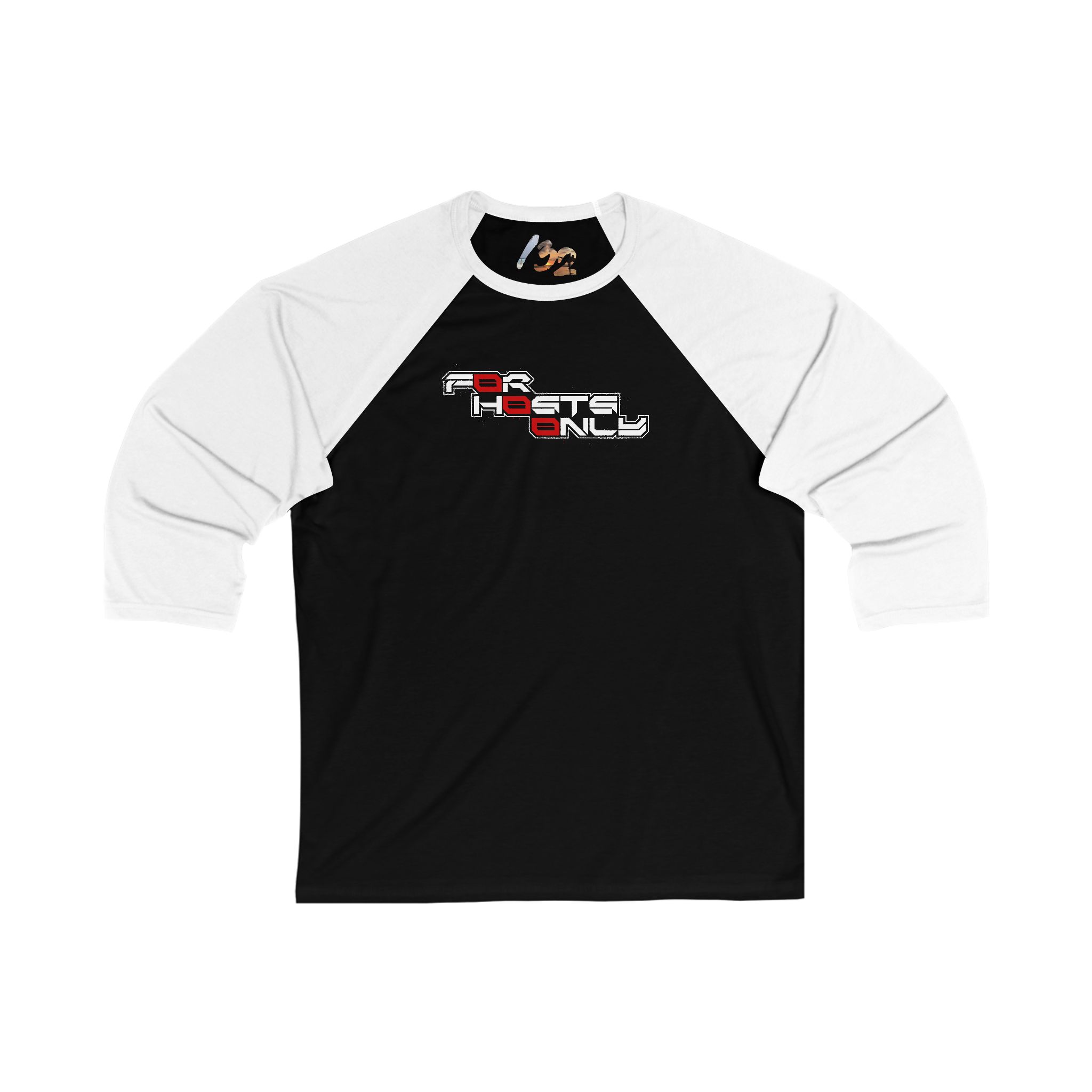 Front view of the black/white Dev’ed Up: F0r H0sts 0nly 3/4 Sleeve Baseball Tee with “F0r H0sts 0nly” front text. Designed for those with silent logins and loud intent.
